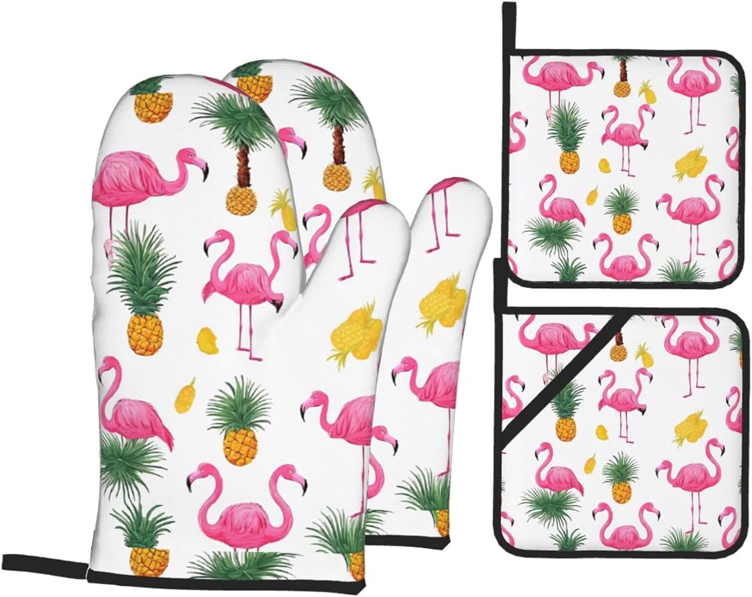 (Flamingo and Pineapple) Baking 4-Piece Set: 2 Oven Mitts and 2 Pot Holders Heat Resistant Waterproof Hanging Loop for Kitchen Oven Grill Housewarming Gifts