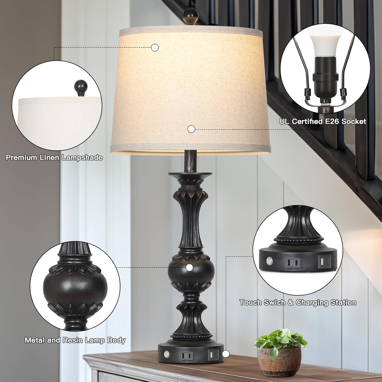 28" Farmhouse Table Lamps Set of 2, Retro Lamps for Living Room with USB C+A Ports & AC Outlet, 3 Way Touch Control Resin Bedside Lamp, Rustic Bedroom Lamp for Nightstand Side End Table Desk, Black