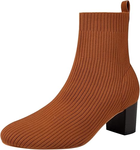 GATUXUS Botas de tobillo de tacón medio grueso para mujer, puntera puntiaguda, estilo calcetín, zapatos cálidos casuales
