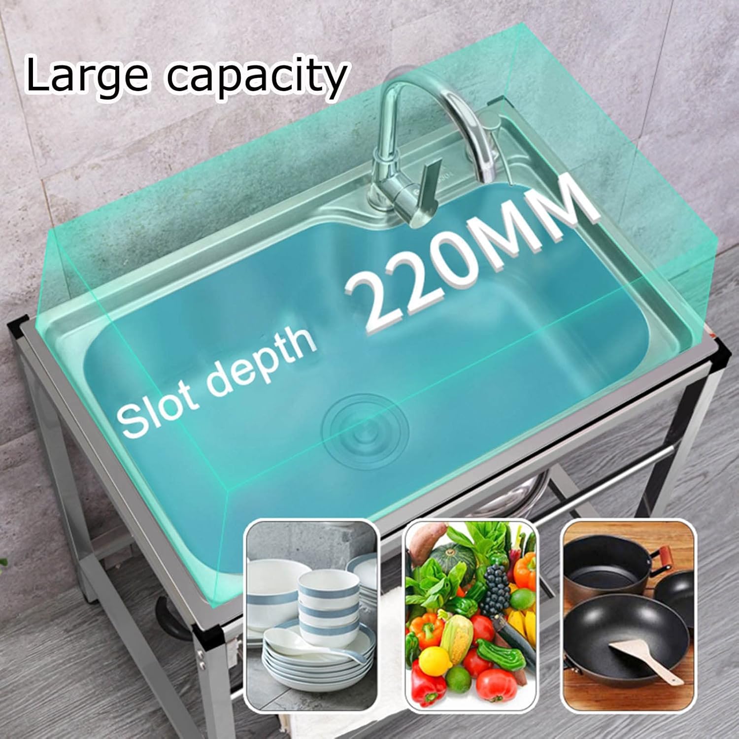 WORDFUN Stainless Steel Utility Sink, Commercial Kitchen Washing Sink, Freestanding Utility Sink, Sink Single Bowl, for Indoor Outdoor Patio Laundry Room Restaurant Garages (Size : 700x460x750mm)