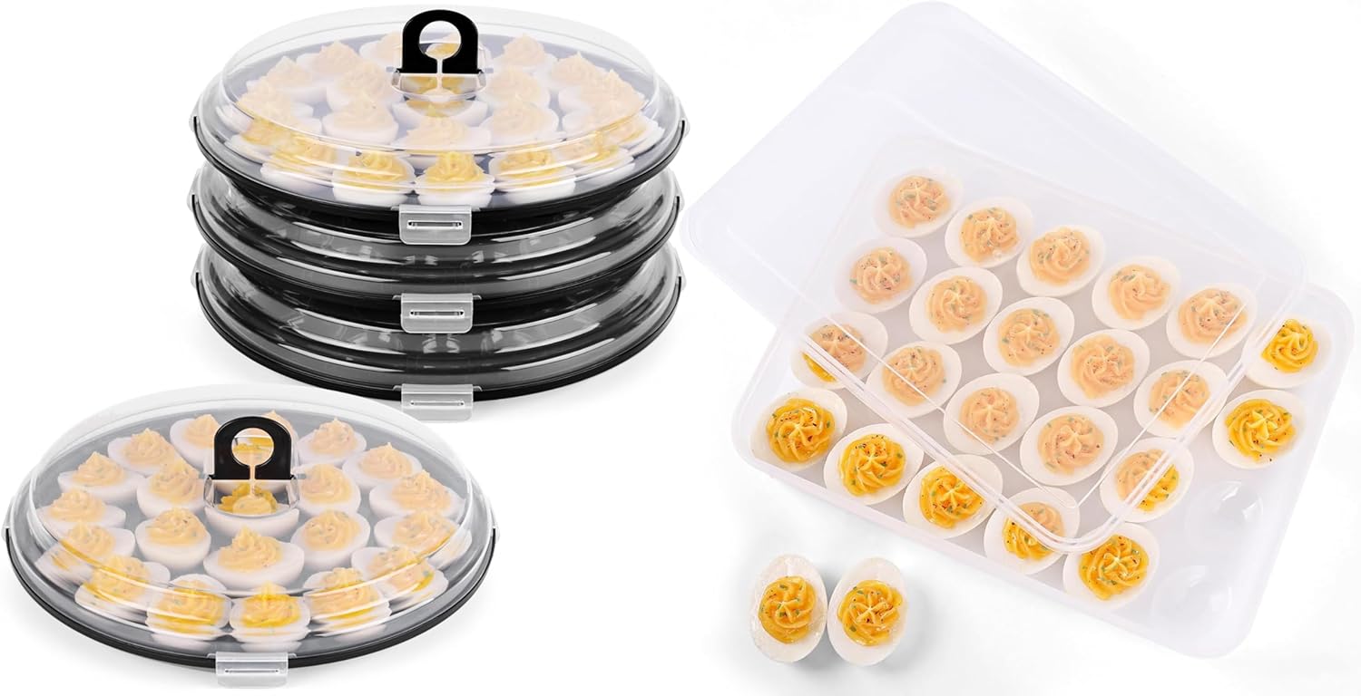 HANSGO Deviled Egg Container Set – 3PCS Stackable Trays with Lids for 66 Eggs + 24-Egg Tray for Refrigerator Storage, Parties, and Kitchen Use