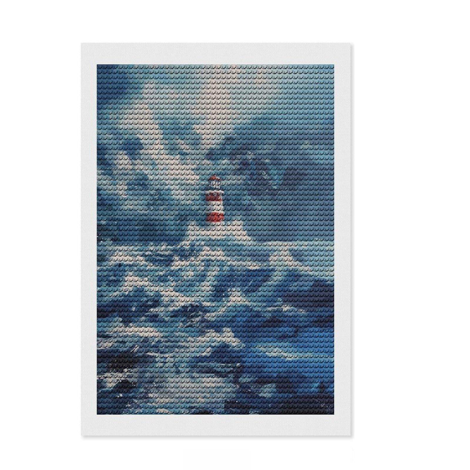 Junmoney Lighthouse in The Storm Crystal Diamond Art Kit 8"x12", Boho Decor, Stress Relief Craft, Full Kit Included, Fun Craft Activity