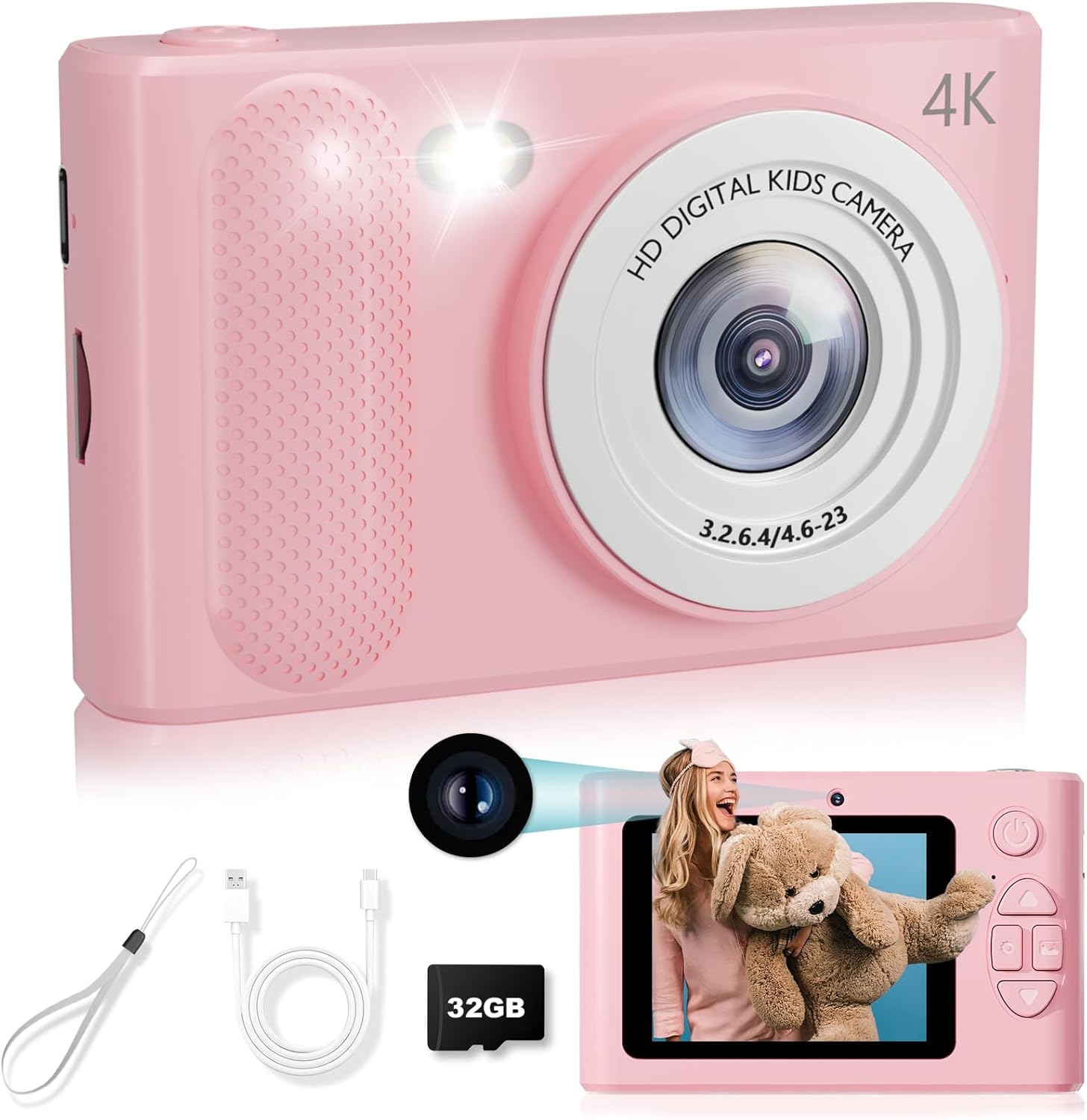Camera Selfie 1080P HD Video Dual Lens, 48MP Digital Point and Shoot Cameras with 8X Zoom, Fill Light & 32GB SD Card, Vintage Compact Small Camera for Boys Girls Kids (Pink)