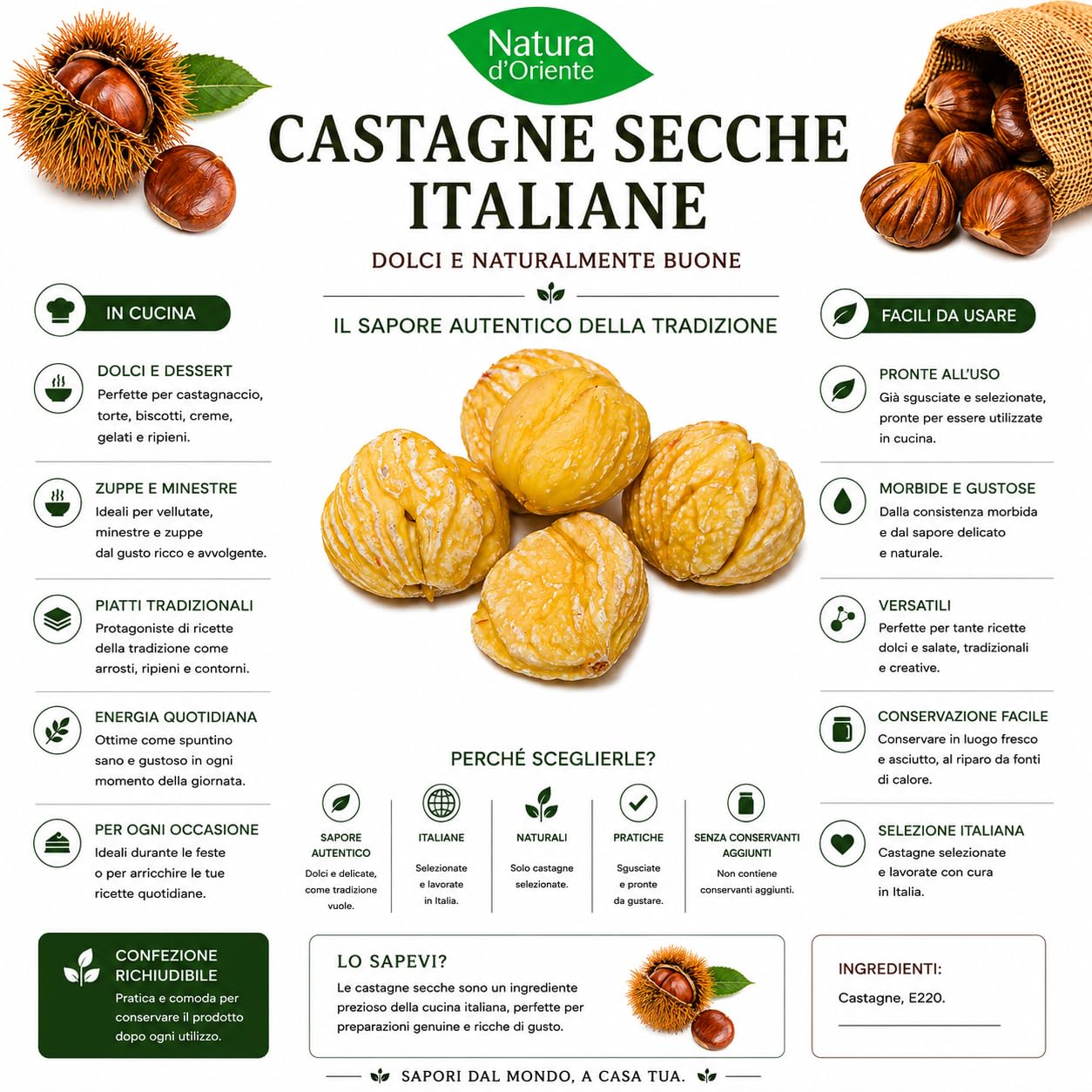 NATURA D'ORIENTE Castagne Secche Italiane 1 Kg – Mosciarelle Morbide Prima Scelta – Essiccate Naturalmente