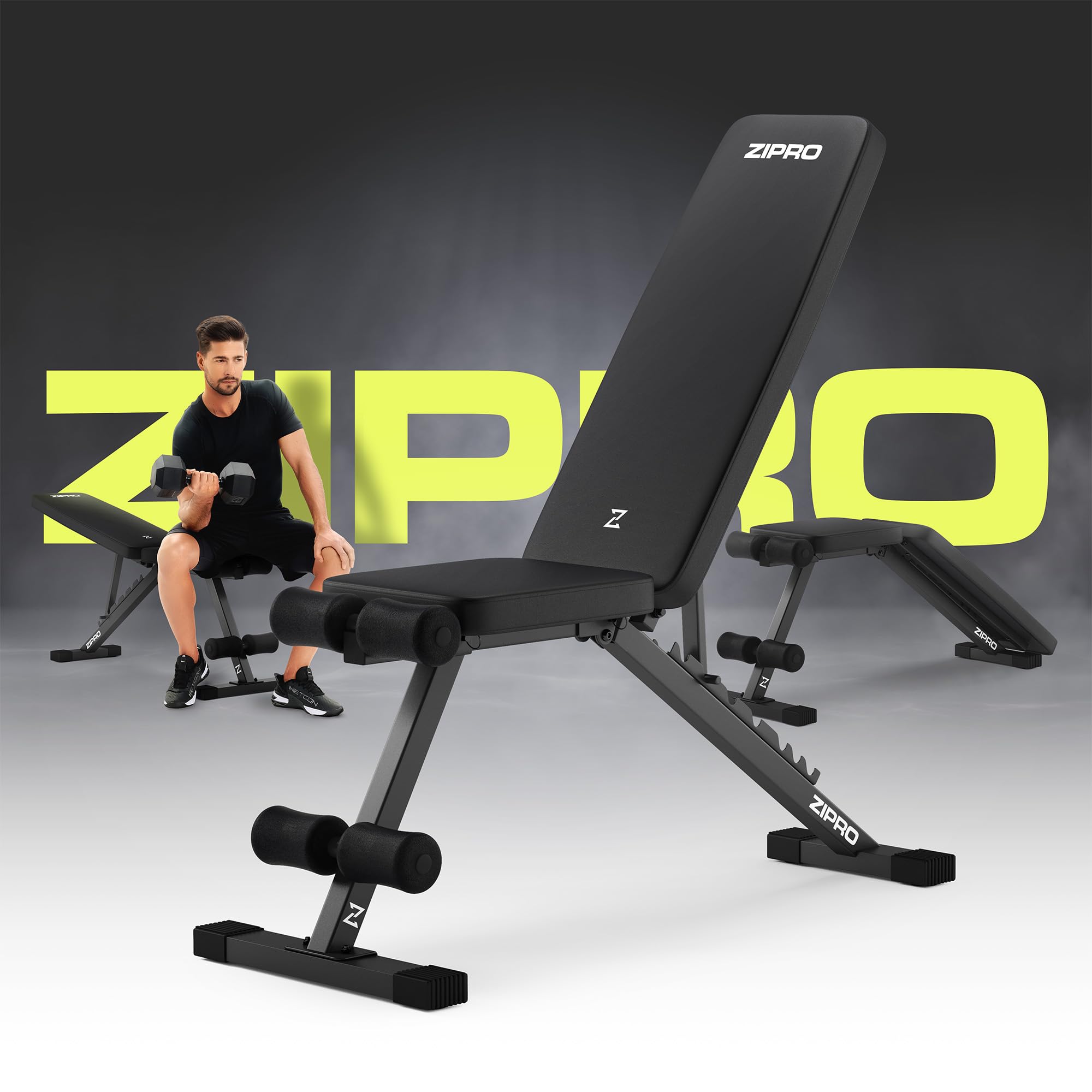 ZIPRO Banco de Musculación Ajustable Multifuncional Fitness Gimnasio hasta 300 kg con Respaldo y Asiento 7 Posiciones Plano Inclinado Declinado Equipo Entrenamiento para Casa Home Gym – Stride Negro