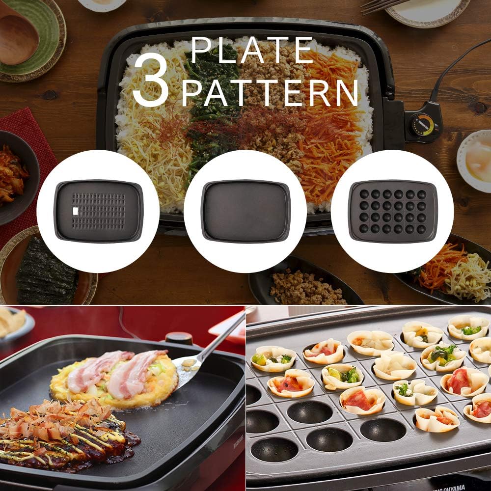 アイリスオーヤマ ホットプレート 煙が出にくい 大型 焼肉プレート 平面プレート たこ焼きプレート 3枚 減煙 蓋付き ブラック APA-137-B