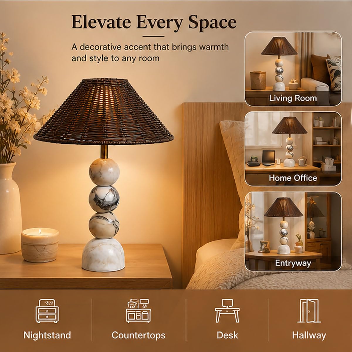 Lampade da tavolo in marmo, lampada da tavolo decorativa con paralume in rattan, stile rustico per il soggiorno con ingresso