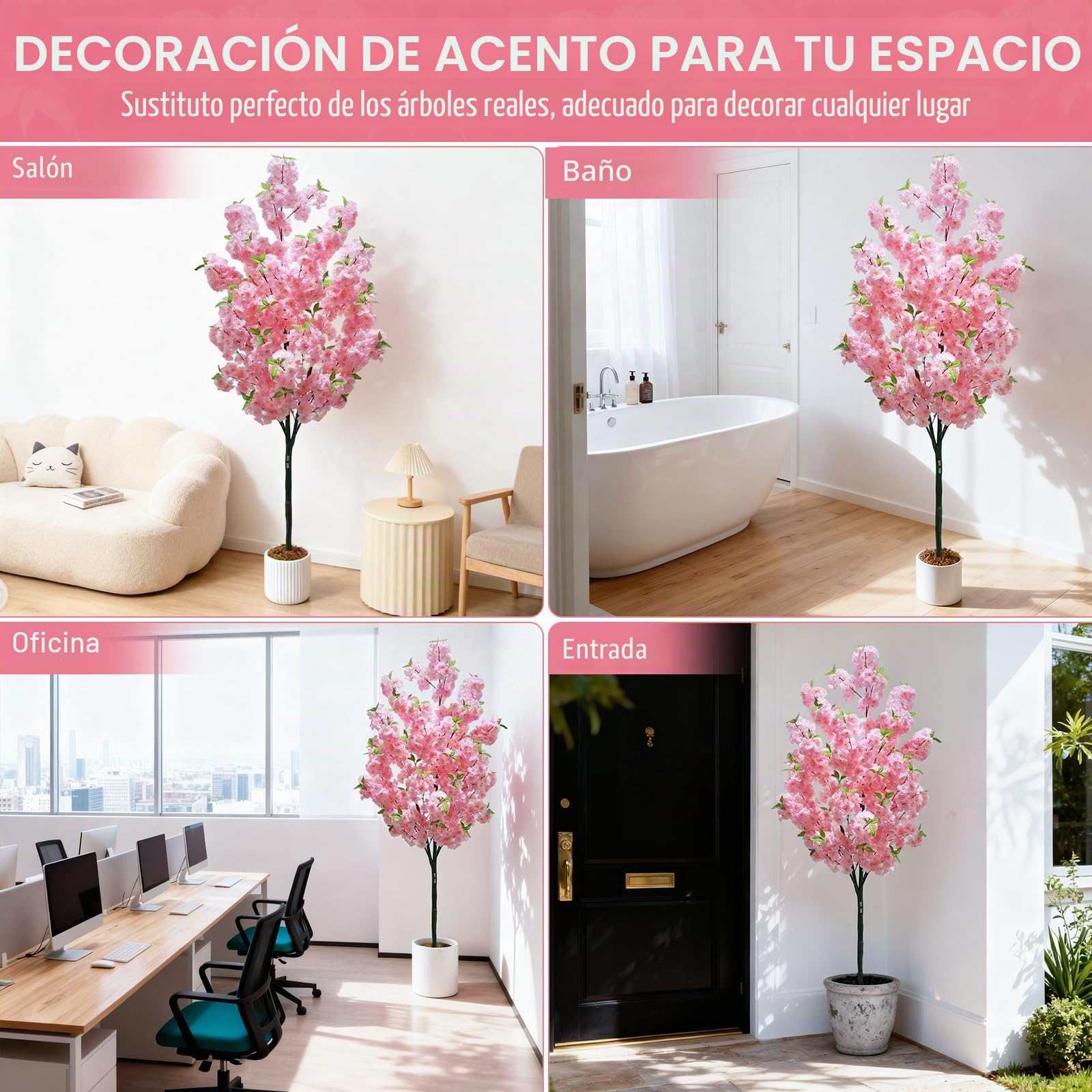 Árbol de cerezo artificial de 180 cm con flores rosa en maceta blanca, árbol de PVC y fibra textil para interior y exterior - Decoración para el hogar, oficina, bodas, fiestas | Árbol Sakura sin