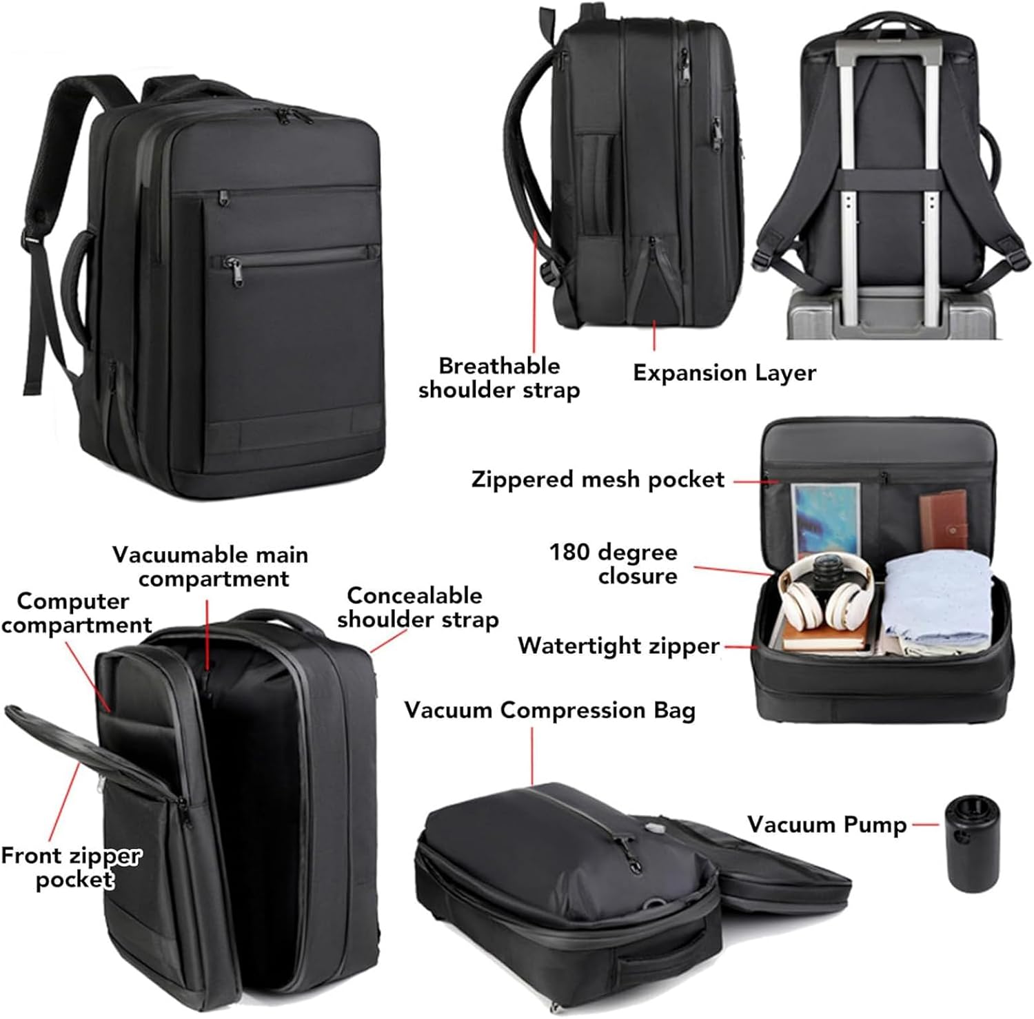 [FEITIANWUGONG] 真空圧縮技術を備えた拡張可能なトラベルバックパック、ラップトップの収納と整理されたパッキング用拡張可
