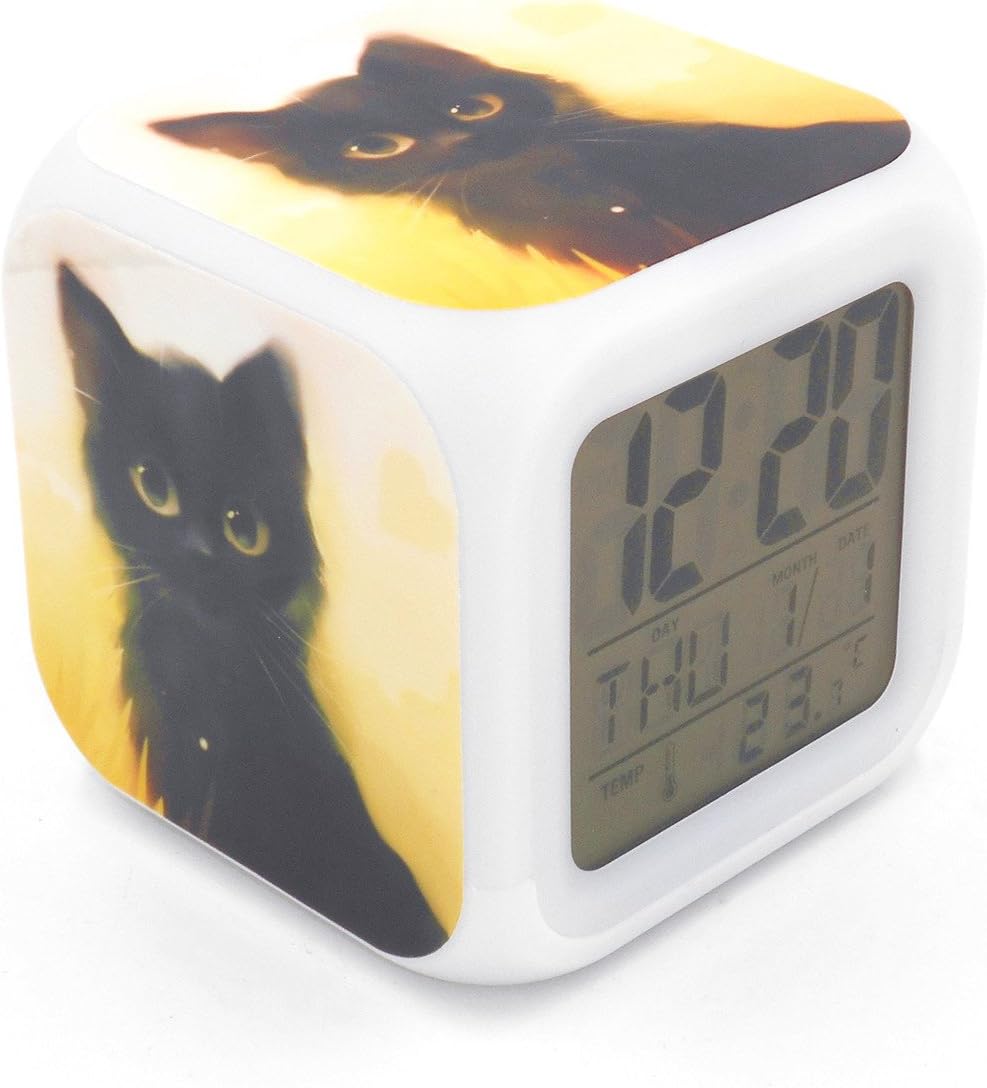 BoFy Led Alarm Clock Black Cat Kitty Pattern Personality Creative Noiseless Multi-Functional Electronic Desk Table Digital Alarm Clock for Unisex Adults Kids Toy Gift