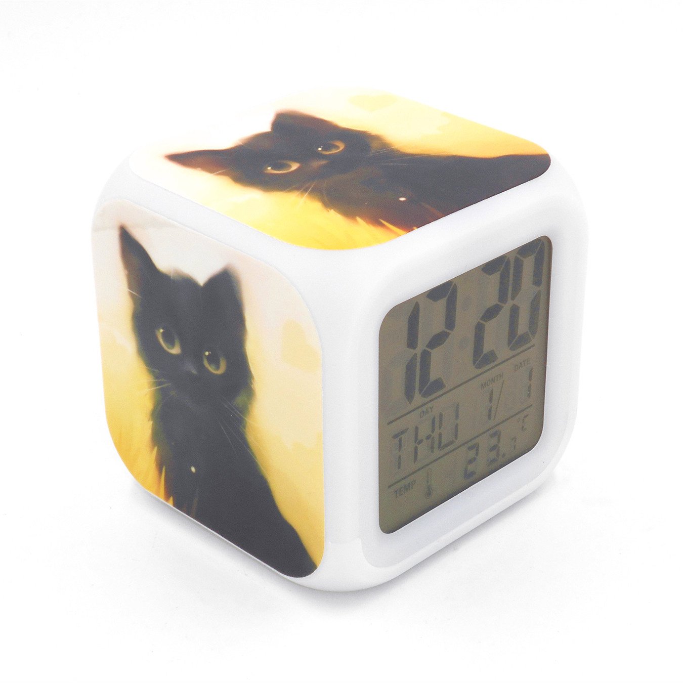 BoFy Led Alarm Clock Black Cat Kitty Pattern Personality Creative Noiseless Multi-Functional Electronic Desk Table Digital Alarm Clock for Unisex Adults Kids Toy Gift