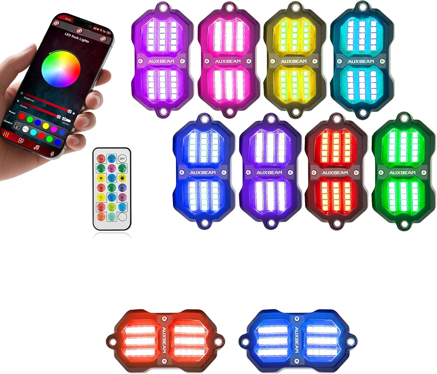 Auxbeam Small Version 8 Pods Dynamic RGB LED Rock Lights w/Bluetooth APP Remote Control + 2-Pod Rock Lights Extension Kit