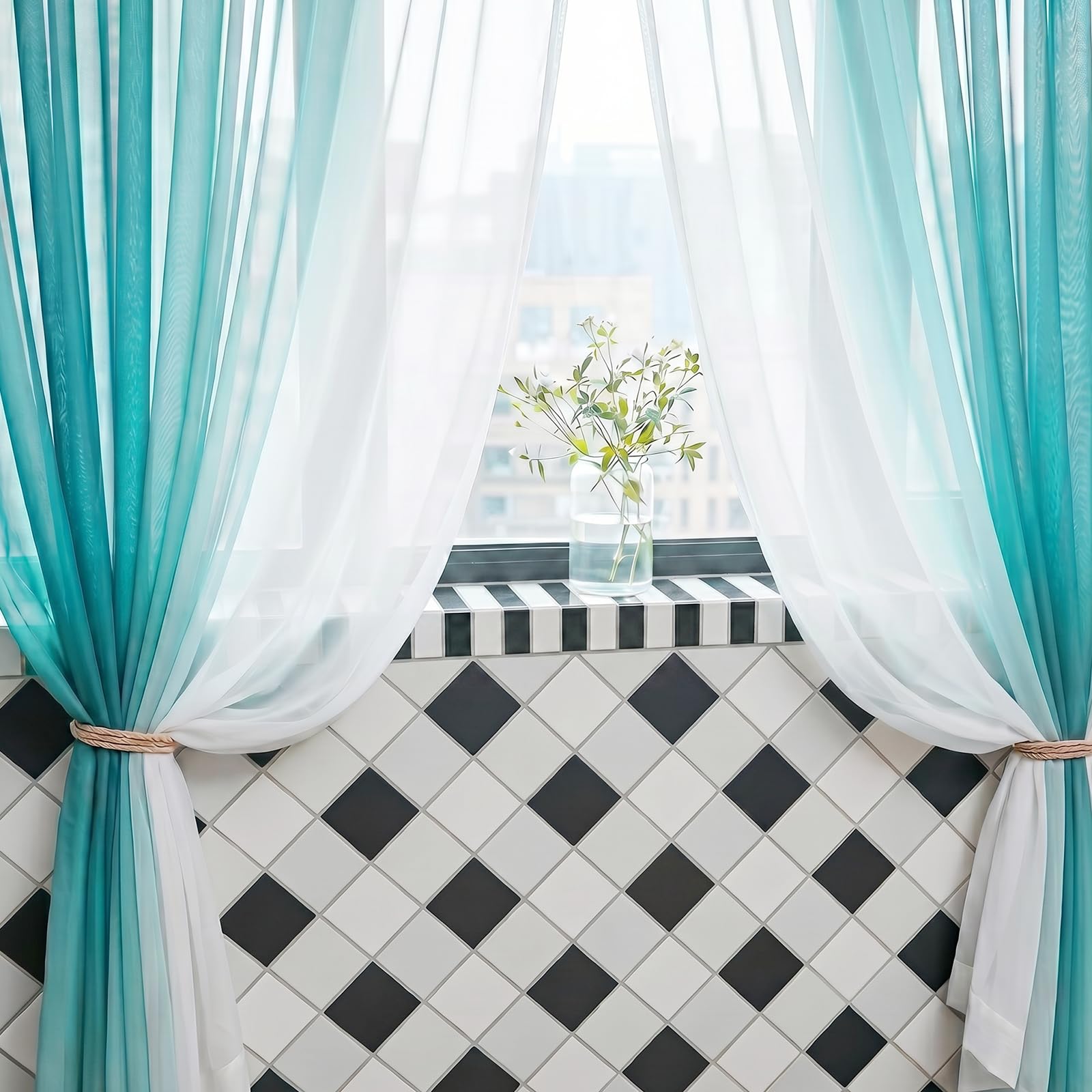 Melodieux Tende Tasparente Ombre Tende per Interni 2 Pezzi, 140x260cm Blu/Bianco