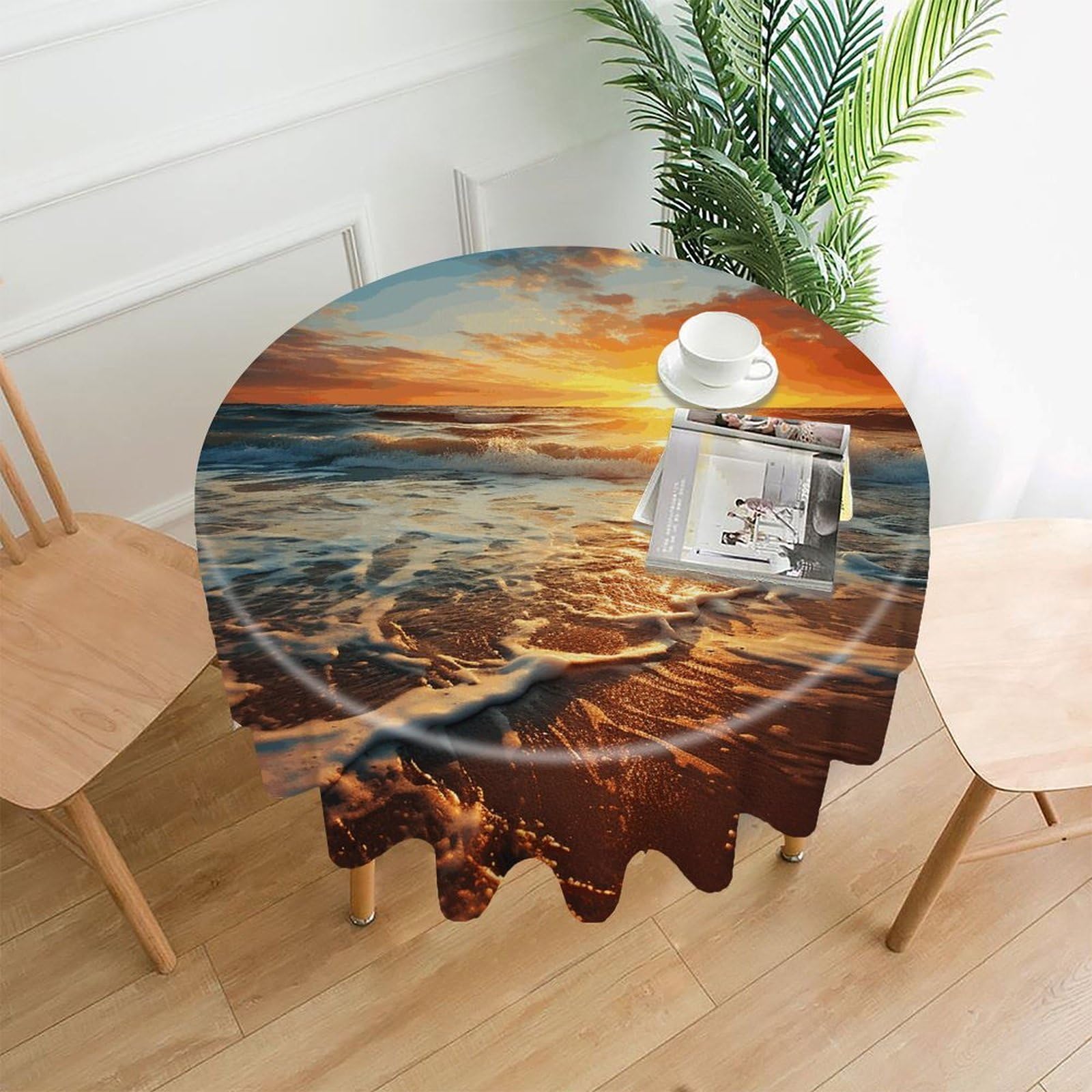 MUSM 60 Inch Ocean Sunrise Round Tablecloth Wipeable Washable Table Cover for Kitchen and Dining Room Decorative Table Cloth for Party Holiday Picnic Outdoor