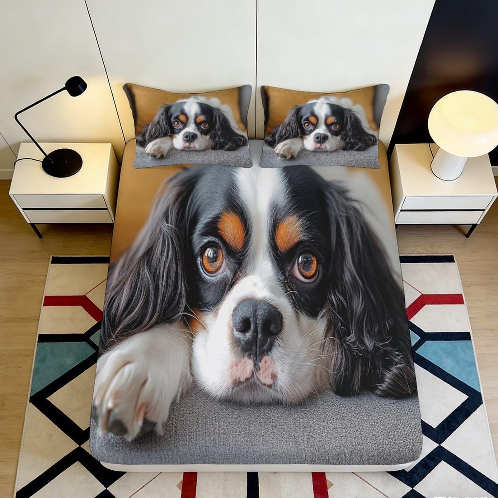 3D Printed Cavalier King Charles Spaniel Fitted Sheet Microfiber Soft Animal Dog Bed Cover for Bedroom Guest Room Decor Mattress Protection 90x200x25cm