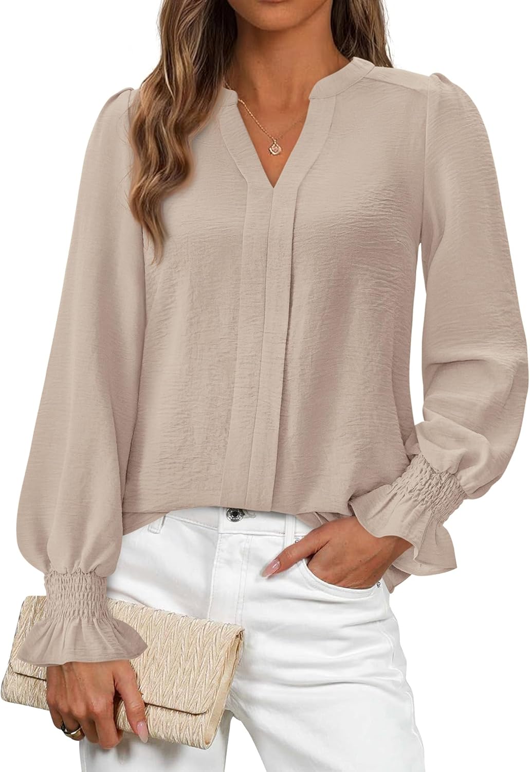 Okiwam Womens Long Sleeve Tops V Neck Shirts Dressy Casual Blouses Business Work Clothes 2026 Fall Fashion Outfits