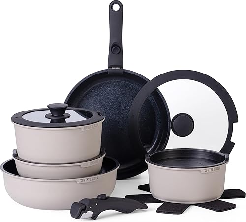 Country Kitchen Juego de ollas y sartenes de 16 piezas, utensilios de cocina antiadherentes de cerámica saludables y seguros con mango extraíble