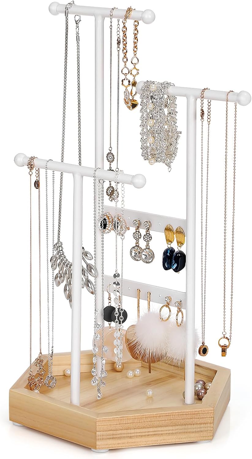 Josmimic Schmuckständer Weiß - Verstellbarer Kettenhalter Mit 3 Ablagefächern