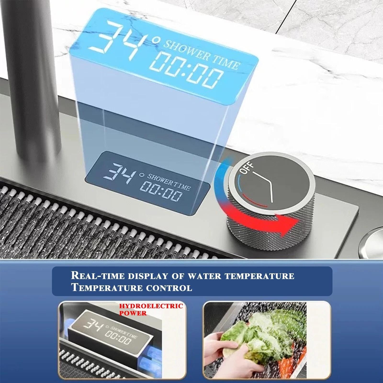 Evier de cuisine Noir Acier inoxydable Evier de cuisine avec Robinet Extensible Set de Robinetterie Machine à Laver Les Tasses Planche à découper Eau Pure Affichage de La Température