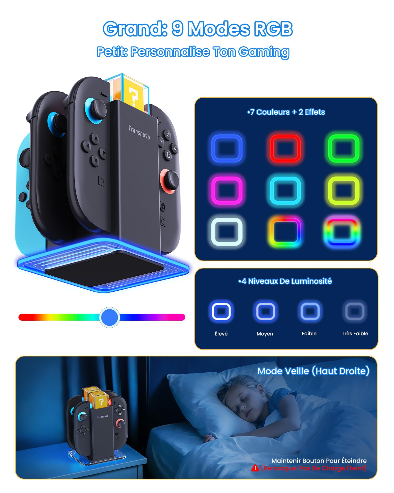 6-en-1 Chargeur pour Nintendo Switch 2 / Switch/OLED, Chargeur Manette Switch avec Système de Charge Double Magnétique & Rail, 9 Modes RGB & 4 Niveaux de Luminosité, Accessoires Joycon Switch 2/1