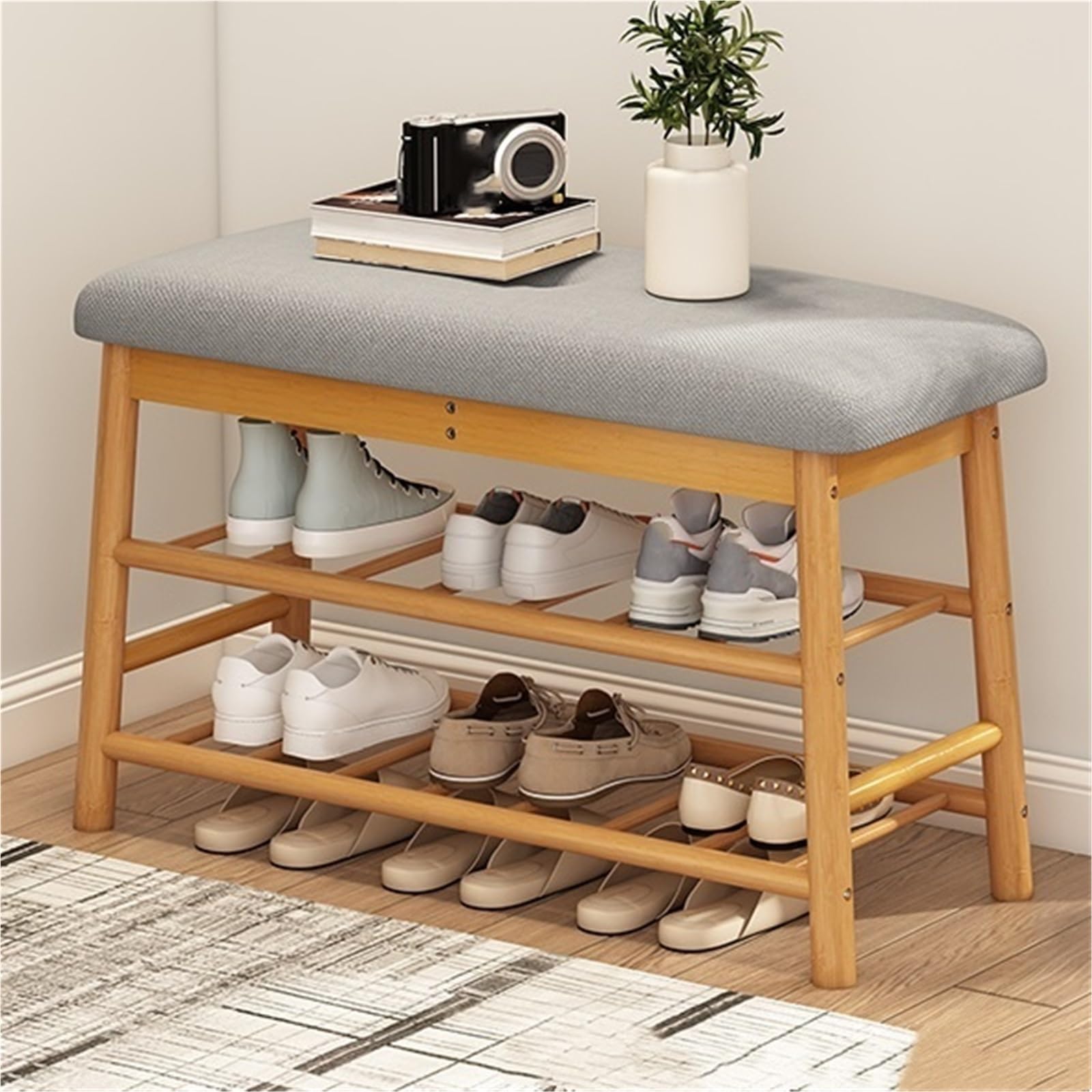 IvyLoutish Bamboo Entryway Bench Upholstered Shoe Storage Bench Shoe Rack Bench Shoe Organizer Rack for Hallway Living Room Closet Front Door,Ideal for Home