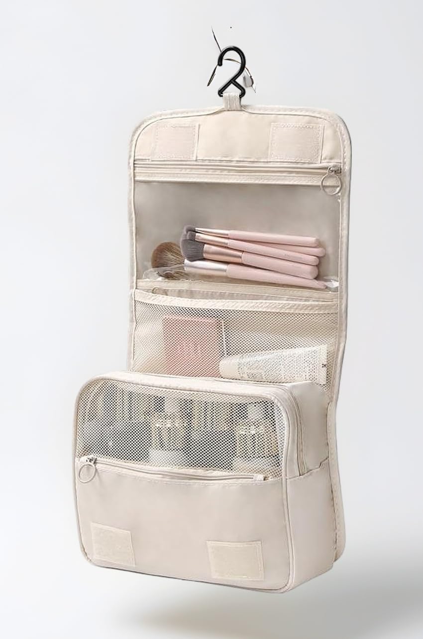 Wolpin Toiletry Bag Travel Nylon (Beige, 15 CM) | Foldable Cosmetic Makeup Pouch Organizer | Multipurpose Kit for Brush Shaving Medicine | Waterproof Travel Utility Bag for Men & Women