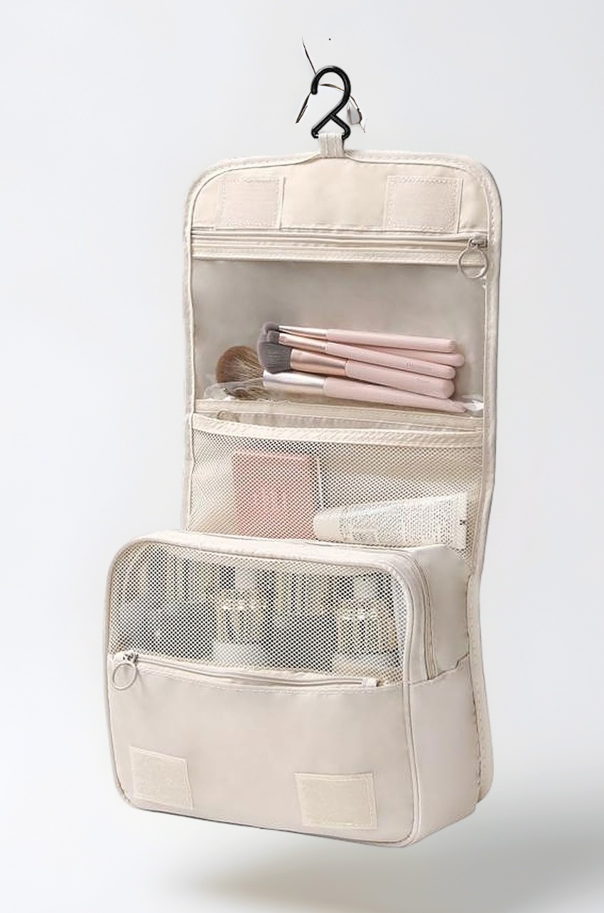 Toiletry Bag Travel Nylon (Beige, 15 CM) | Foldable Cosmetic Makeup Pouch Organizer | Multipurpose Kit for Brush Shaving Medicine | Waterproof Travel Utility Bag for Men & Women