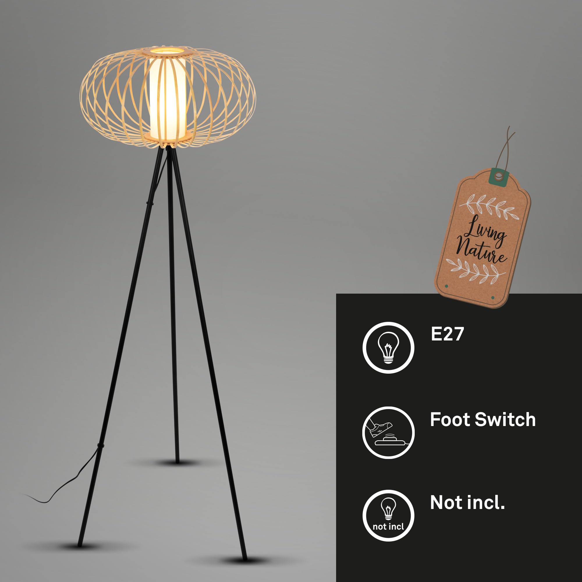 Briloner - Lámpara de Pie para el Salón, Lámpara de Lectura, Lámpara de Salón, Lámpara de Pie de Madera, Boho, Dormitorio deco, Lámpara de Pie, Casquillo E27, Negro-Madera