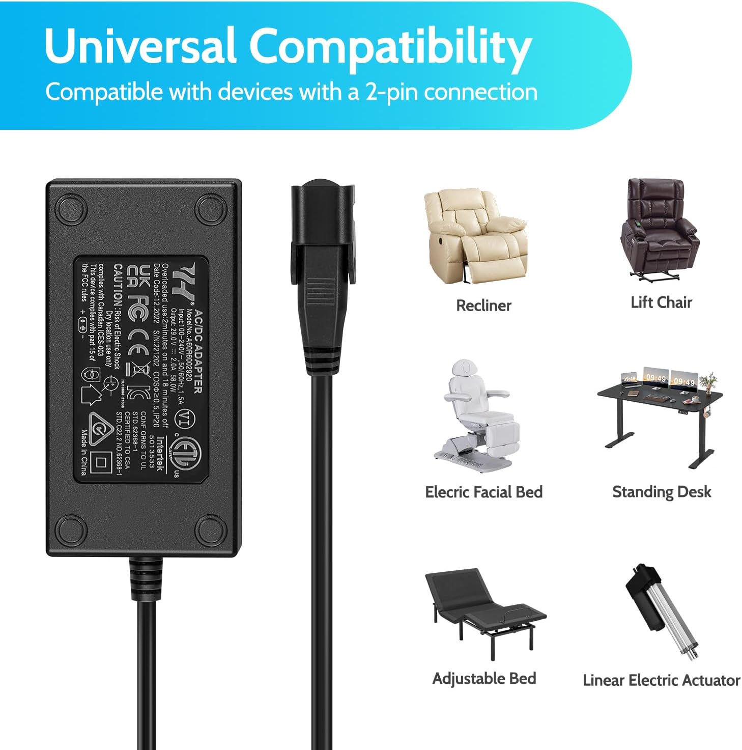 Power Recliner Power Supply, Sopito Wide AC/DC Adapter Kit 100-240V -with 6.6ft Extension Cord, 29V 2A Transformer 2-Pin Connector, Recliner Replacement Parts for Lazy Boy, Limoss, OKIN