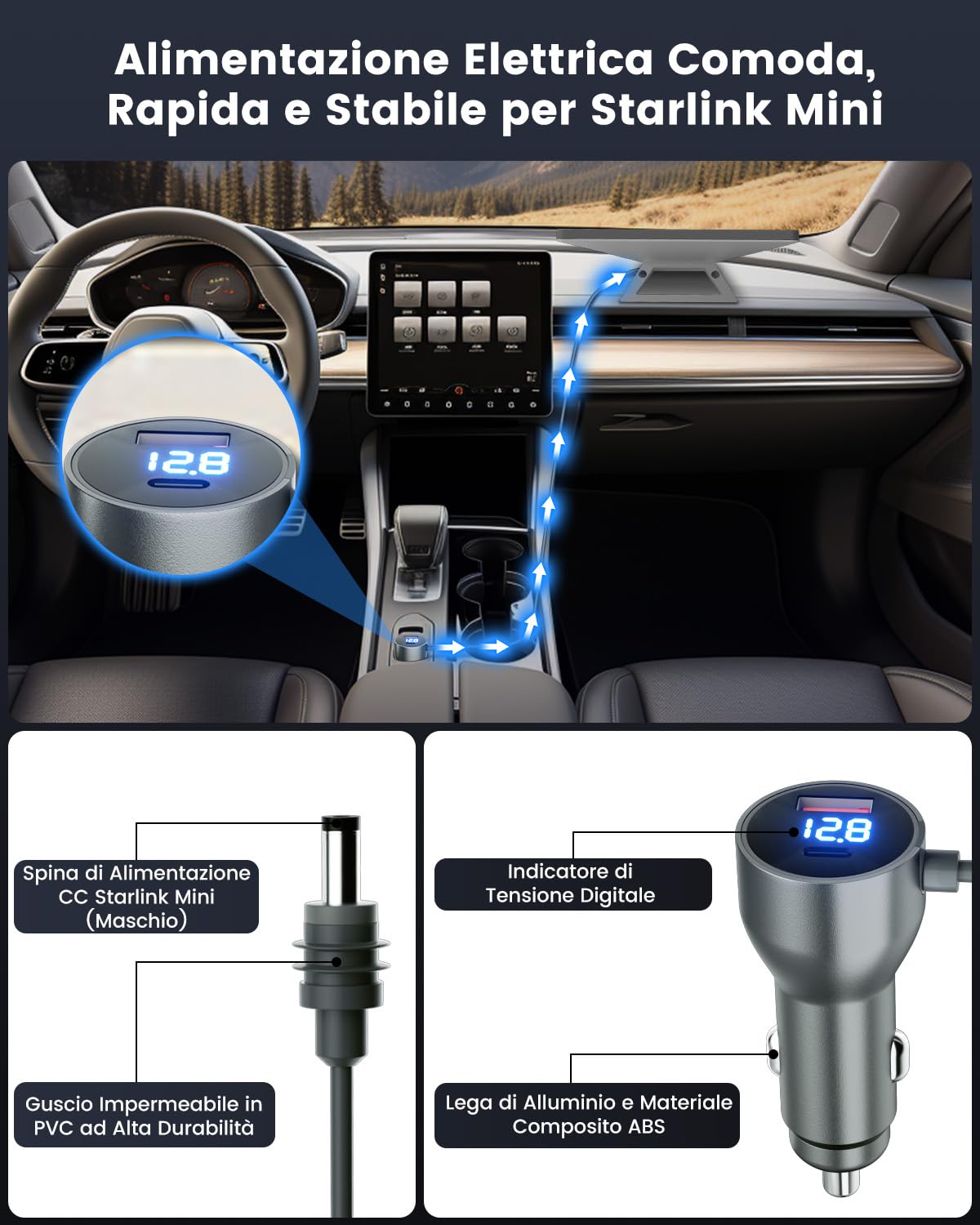 Mwin Cavo Starlink Mini - Caricatore Auto Cavo Alimentazione DC per Starlink Mini, Adattatore Accendisigari 12V-24V con Display Digitale, Porte USB C/USB A Ricerca Rapida 30W per Camion, Auto (3M)