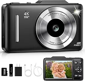 Câmera digital 4K com foco automático Vlogging para fotografia com zoom de 16x, cartão de 32 GB, câmera compacta portátil de 48 MP para crianças, meninos, meninas, adolescentes iniciantes (preto)