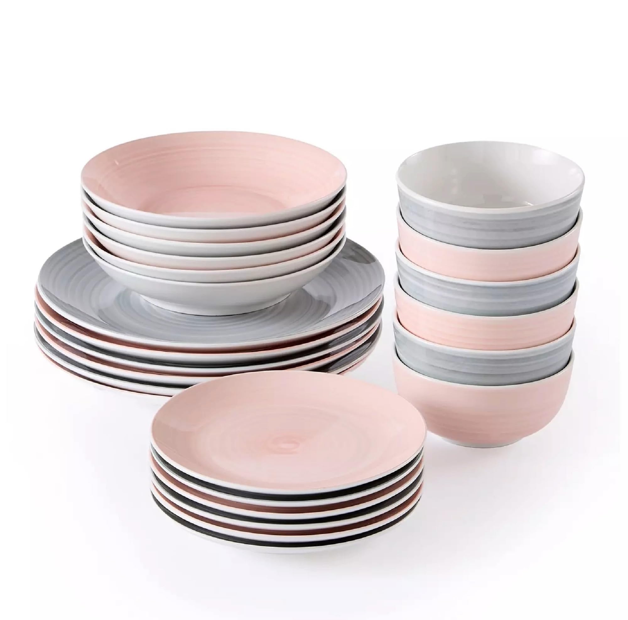 Waterside Fine China 24 Piece Pink & Grey Spin Wash Dinner Set