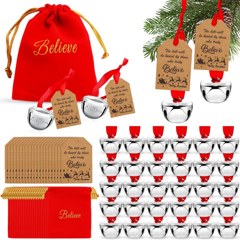 100 Sets Christmas Bells Decor Christmas Believe Bell Ornaments Bulk for Express Bell Decorations with Tags Red Velvet Bag for Xmas Party Favors Santa Silver Sleigh Jingle Bells DIY Craft