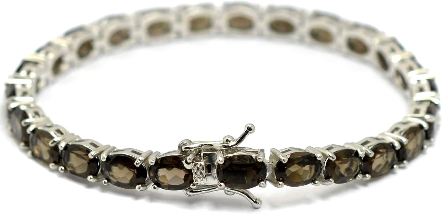 Oval Cut 7x5mm Smoke Brown Natural Smoky Quartz June Birthstone 15.50ct. Gemstone 925 Sterling Silver Unisex Tennis Bracelet