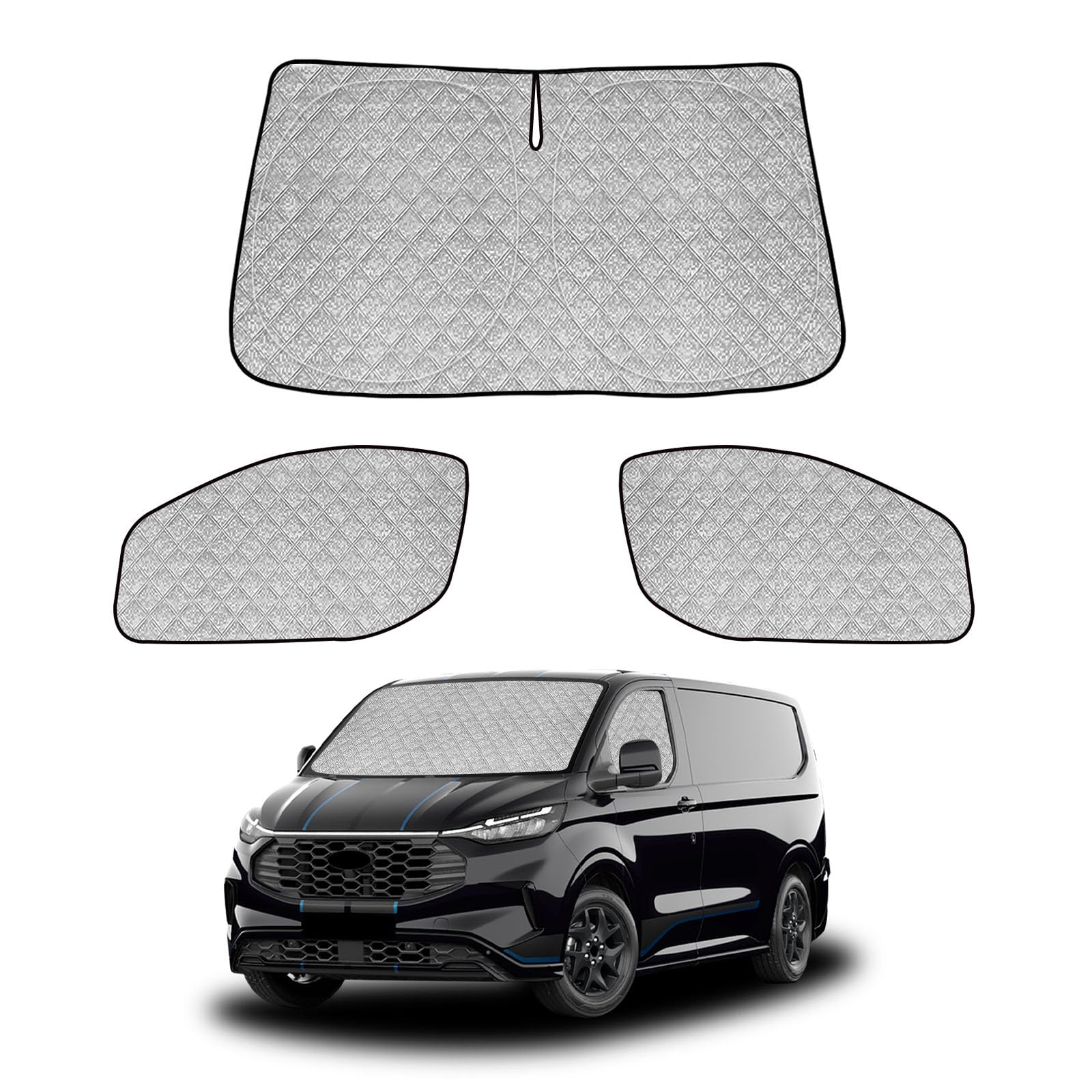3er Set Auto Sonnenschutz Innen für VW New Transporter (2024-2026) & Ford Transit Custom (ab 2023) | Sonnenschutz Frontscheibe innen faltbar & magnetische Seitenscheiben | Thermomatte Verdunkelung