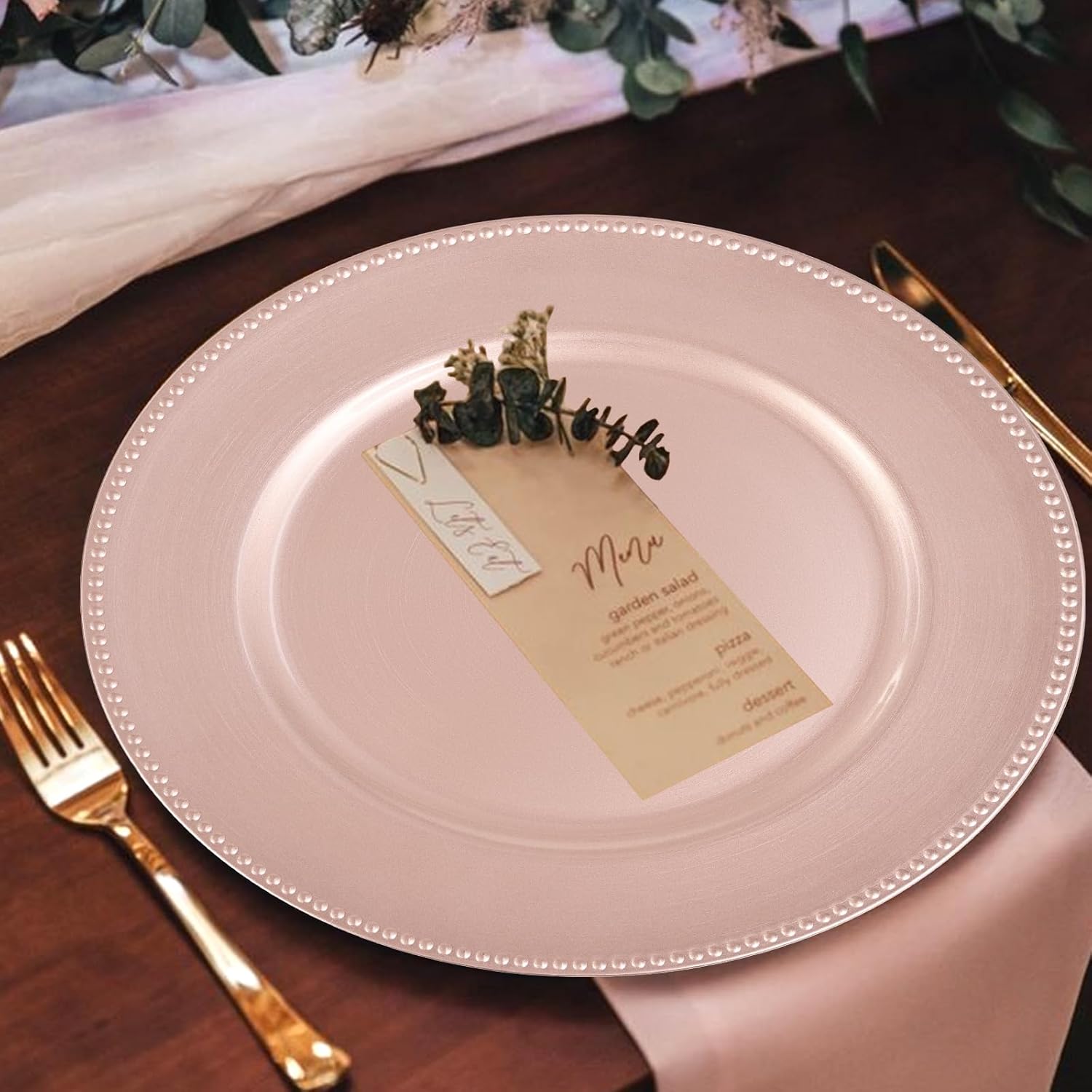fani 50 Pcs Rose Gold Charger Plates Bulk, 13'' Round Beaded Dinner Charger Plates, Plastic Reusable Vintage Table Decoration for Wedding, Party, Reception, Event, Holiday Supplies