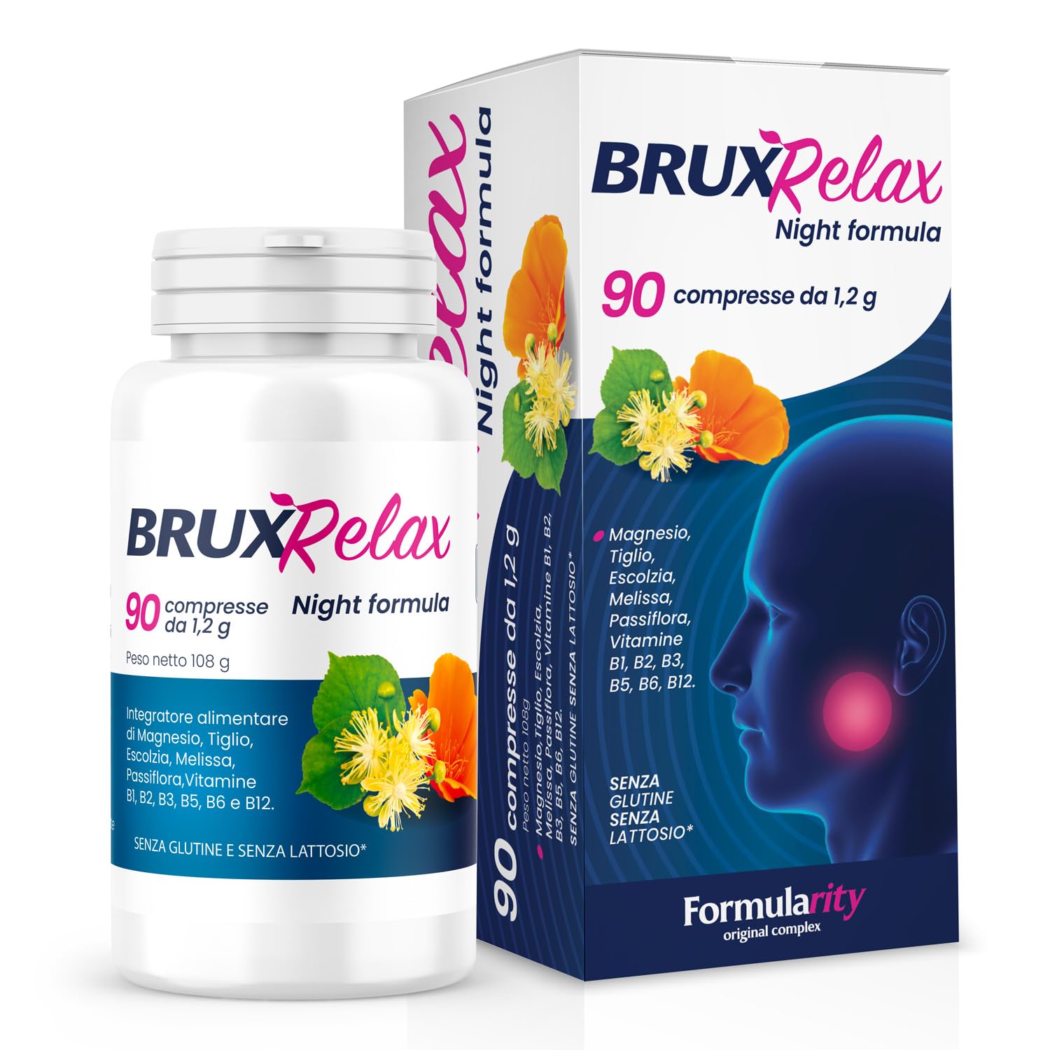 BruxRelax - Integratore Naturale per Bruxismo, Insonnia e Disturbi del Sonno -Con Tiglio, Escolzia, Mellisa, Passiflora, Doppio Sale di Magnesio, Vitamine del gruppo B-90 compresse/3mesi Made in Italy