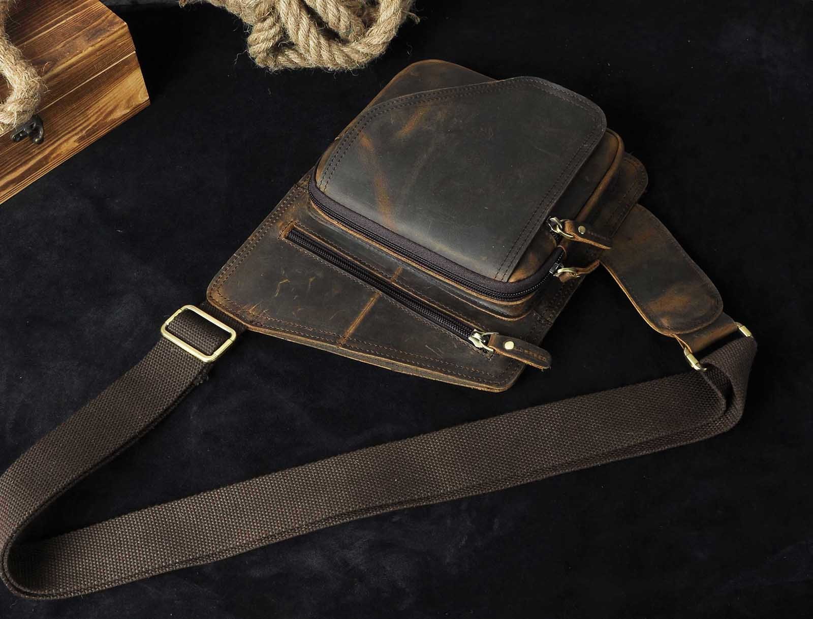 Le’aokuu Herren Echtes Leder Brusttasche Crossbody Bag Sling Bag Schultertasche Gurteltasche Umhängetasche Rucksack Brustbeutel Für Outdoor Sport Reisen B214 (B214 Dunke Braun 2)