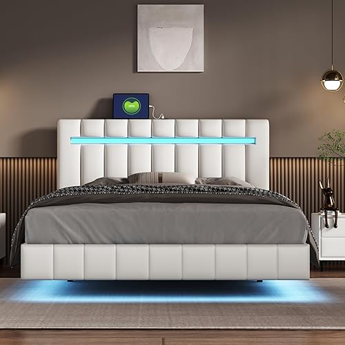 Miniatura 3 de Marco de cama flotante LED tamaño Queen  Base de cama tapizada de poliuretano tamaño Queen, marco de cama Queen con cabecero, luces LED y USB, no
