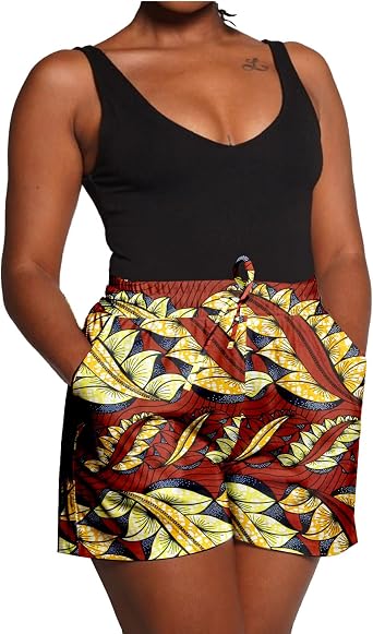 Womens African Kente Print Drawstring Shorts Dashiki High Waisted Casual Summer Bottoms with Pockets