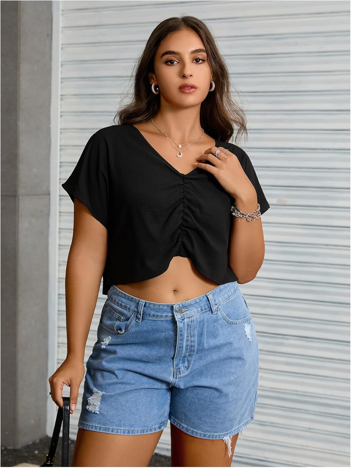 MakeMeChic Women's Plus Size Ruched Front Short Sleeve Shirts Casual V Neck Crop Top Blouse - Image 3