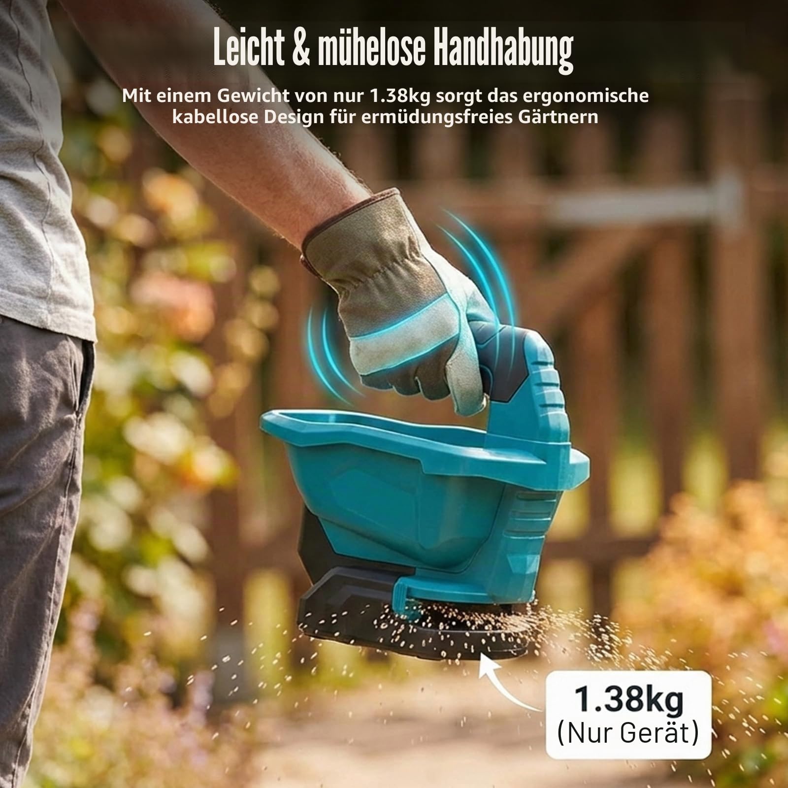 Cordless Düngerstreuer kompatibel mit Makita 18V Akku, 3,3-Liter Handgehaltener Sä- und Streuwagen für Dünger,Saatgut, Streusalz, 5 m Streubreite, 6 Geschwindigkeiten & 8 Streustufen(Ohne Akku)