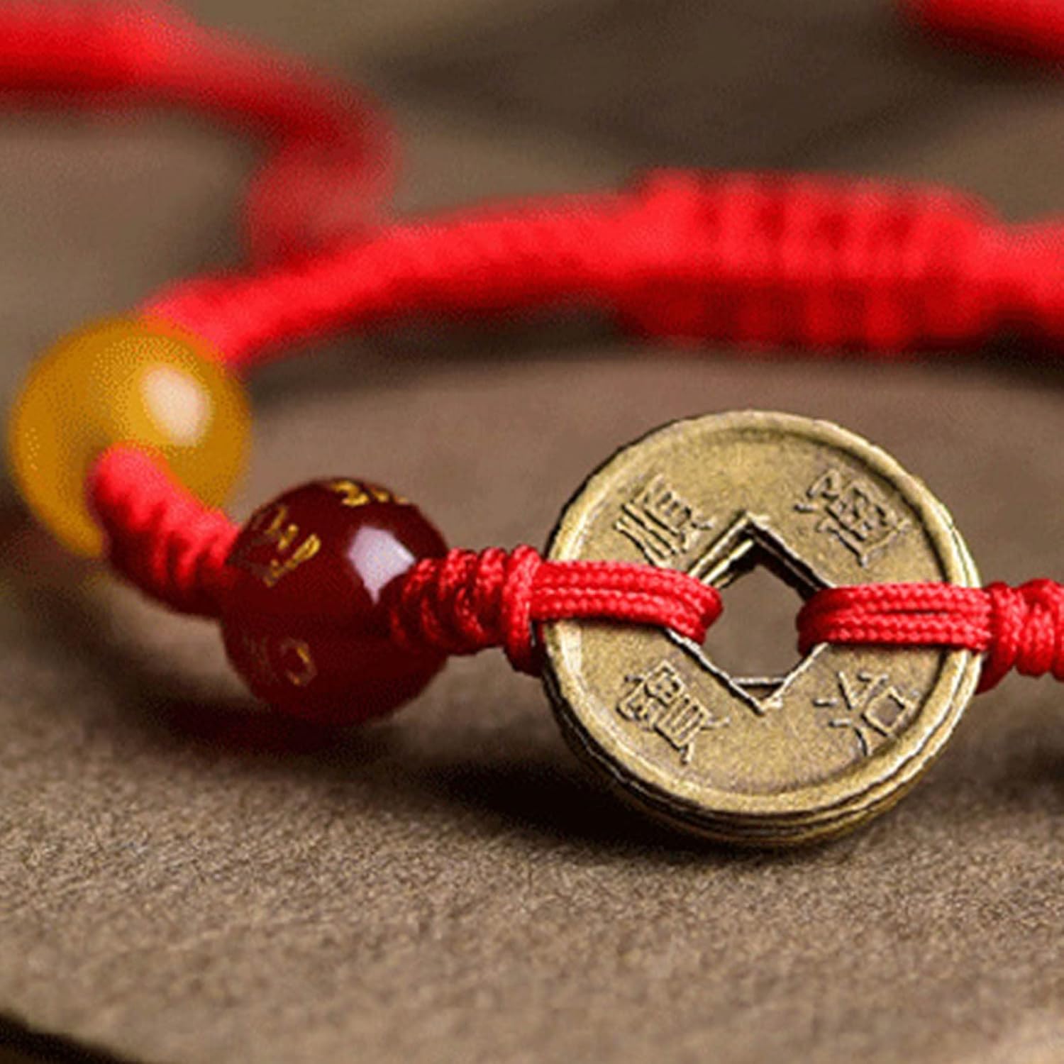 Red String Feng Shui Amulet Five Ancient Coins God of Wealth Crystal Red Lucky Handmade Buddhist Talisman for Fortune