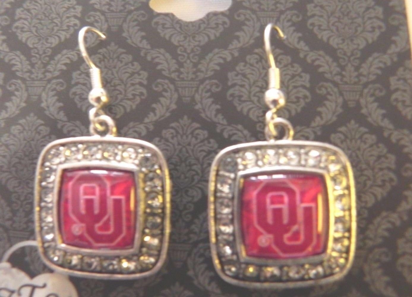 Officially Licensed University of Oklahoma OU Boomer Sooner Silvertone Square Crystal Studded Earrings