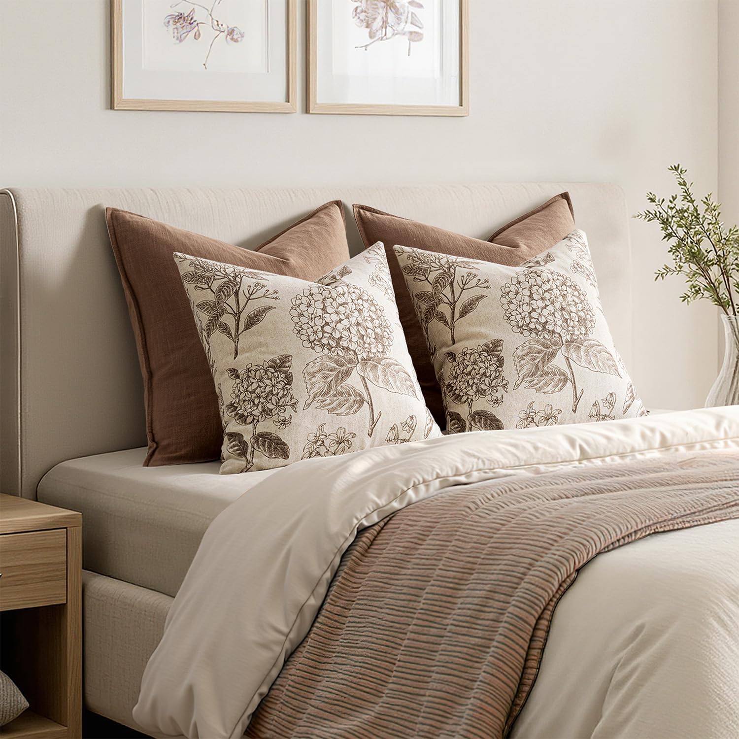 Set of 2 Decorative Floral Neutral Pillow Covers 20x20 Inch Light Brown Hydrangea Print Spring Boho Vintage Throw Cushion Covers for Sofa Couch Porch Bedroom Living Room Summer Home Decor