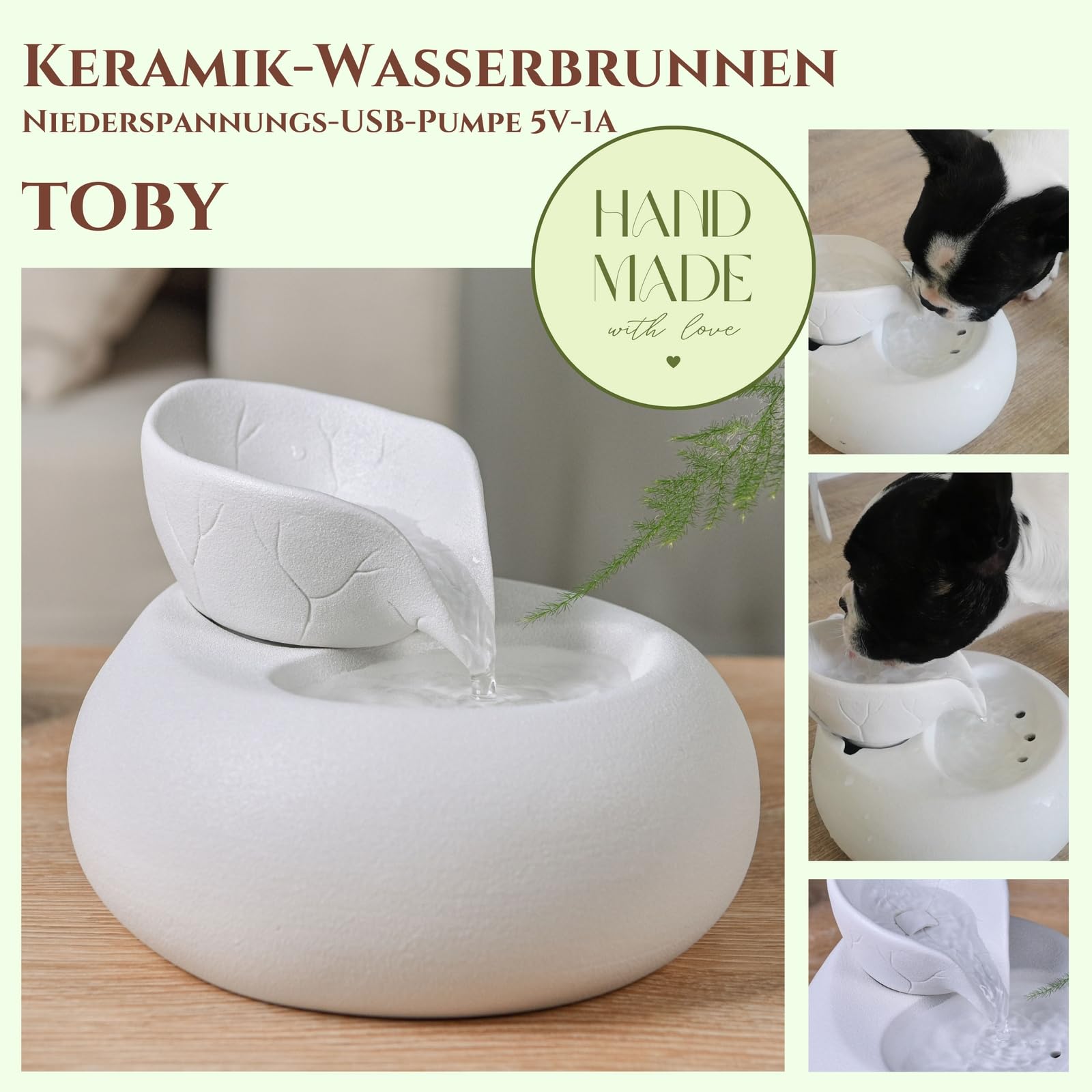 Zen'Light - Trinkbrunnen Toby für Katzen und Hunde - Tränke für Haustiere aus Keramik-Emaille - Wasserspender ohne Farbe, ungiftig - Geschlossener Wasserkreislauf ohne Licht - Höhe 18 cm