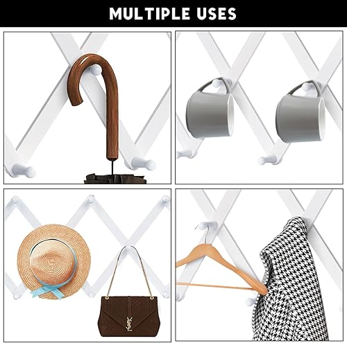 Miniatura 5 de Perchero de pared de madera expandible, diseño de acordeón, 14 ganchos para colgar ropa, sombreros, gorras, bufandas, bolsos, tazas, toallas,
