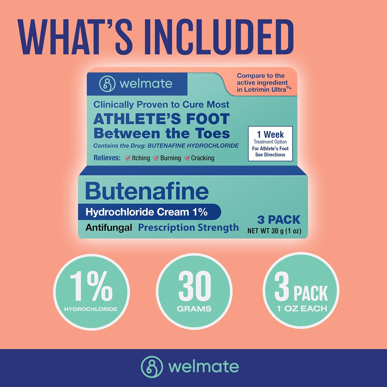 WELMATE - Butenafine Hydrochloride 1% (3 Pack) Antifungal Cream - Athletes Foot Treatment, Jock Itch, Ringworm - Itching, Cracking, Scaling - Clinically Proven - Over-the-Counter Medication, Foot Care