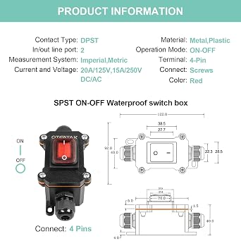 Inline Cord Switch Waterproof Switch DPST AC/DC 20A-125V,16A-250V,30A-24V,35A-12V, IP66 Red Open Double Hole Waterproof Box Two-Side Entry and Exit Line KCD4
