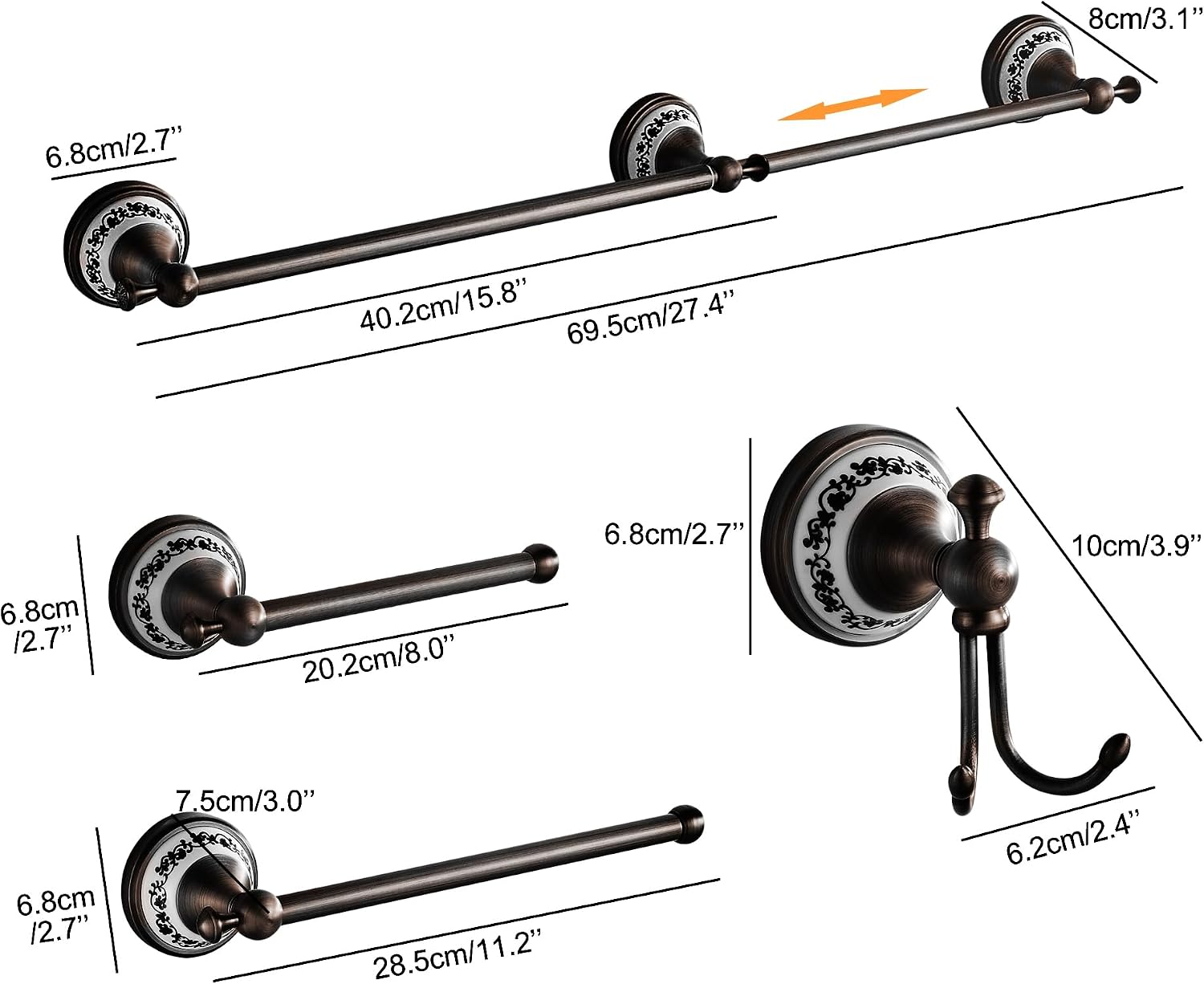 Oil Rubbed Bronze Bathroom Hardware Set,Adjustable Towel Rack, Toilet Roll Paper Holder,Hand Towel Holder,Hook, Bathroom Accessories Set Wall Mounted